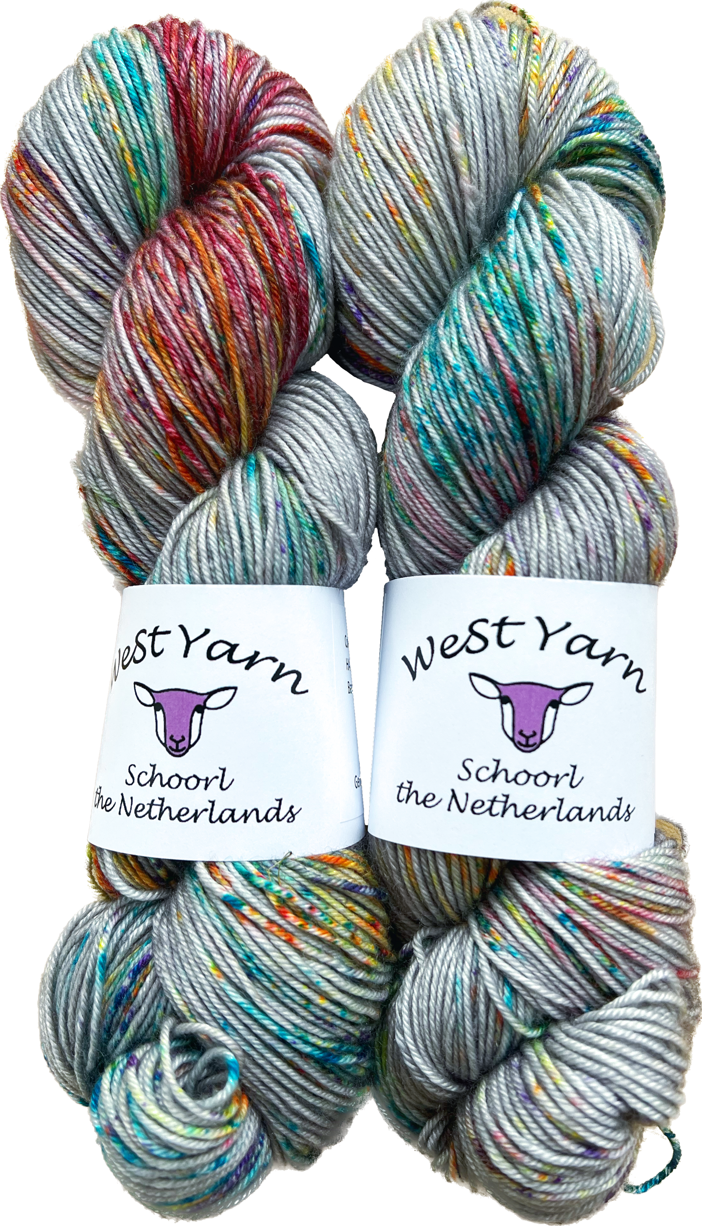 Two luxurious hand-dyed yarn skeins in vibrant speckled grey colorways from WeStYarn, Netherlands. Perfect for premium knitting and crochet projects.