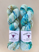 Afbeelding in Gallery-weergave laden, Two luxurious hand-dyed yarn skeins in vibrant aqua colorways from WeStYarn, Netherlands. Perfect for premium knitting and crochet projects.
